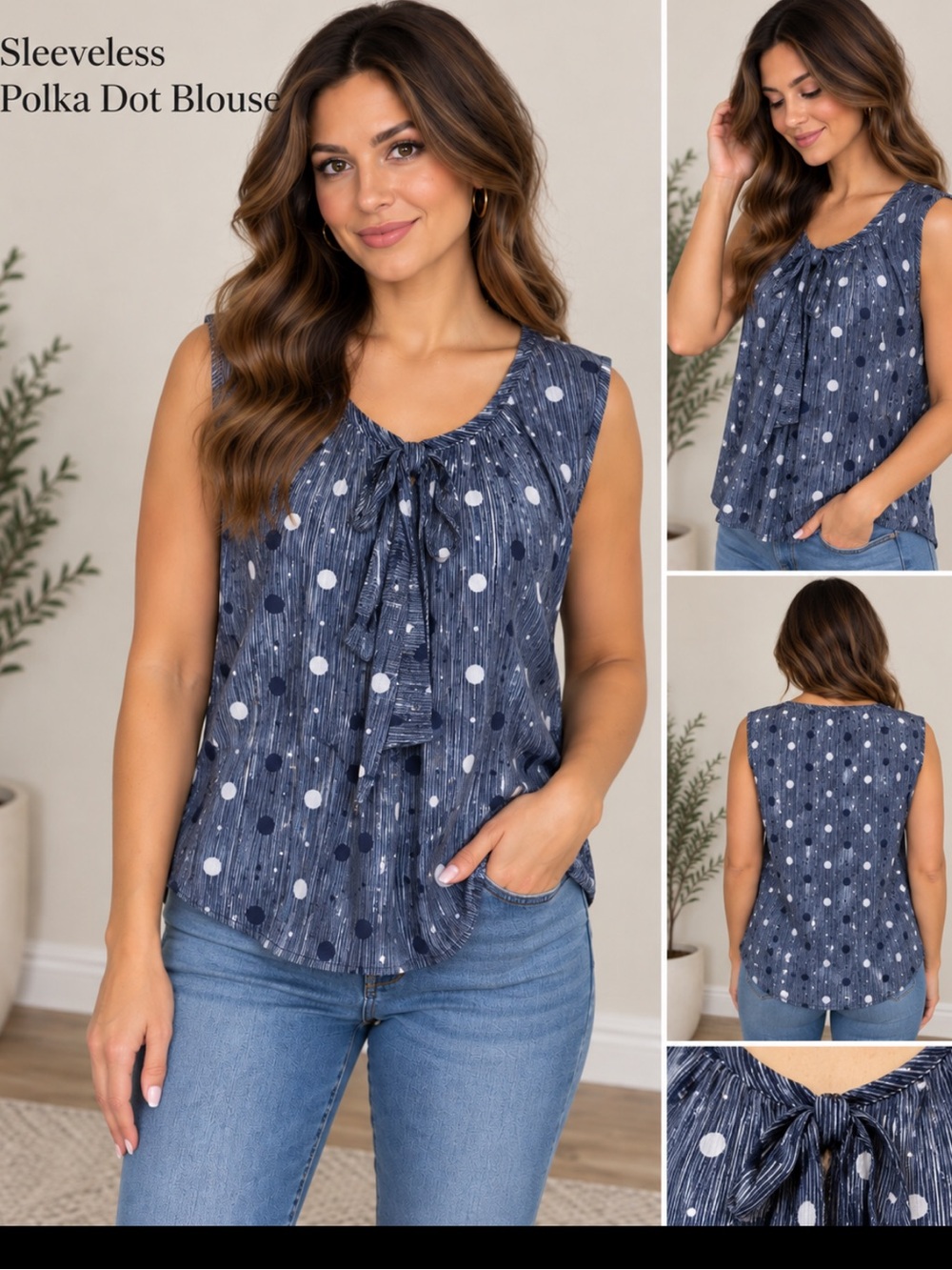 Kate Hill Blue and White Sleeveless‎ Tie Front Blouse